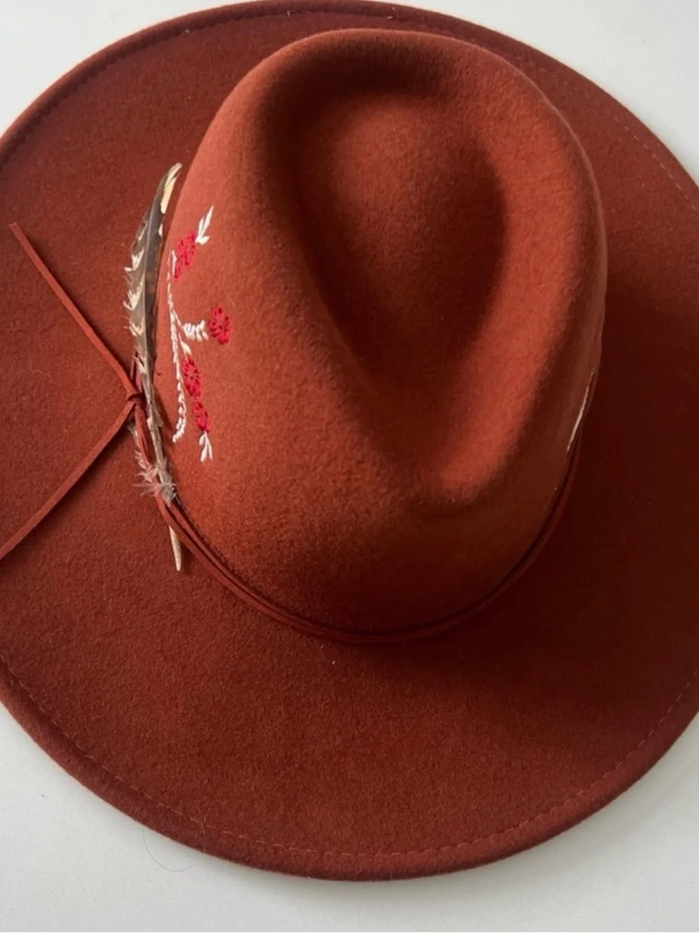 Johnny Was Fedora Hat Rust Color Embroidered Wool with Blue Hummingbird Feather